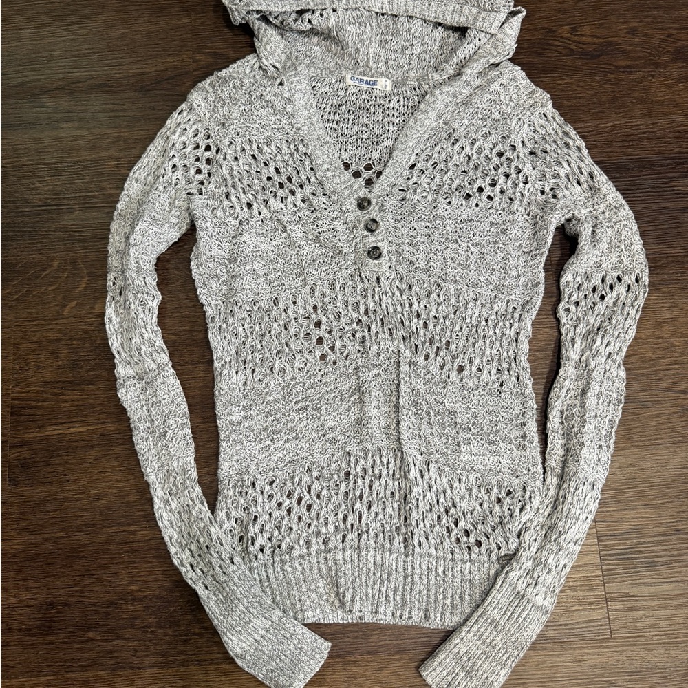 Garage Heather Gray V-Neck Hooded Sweater with Buttons